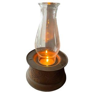 Vintage Primitive Style Punched Copper Candle Holder Hurrican Lamp Bird Hearts